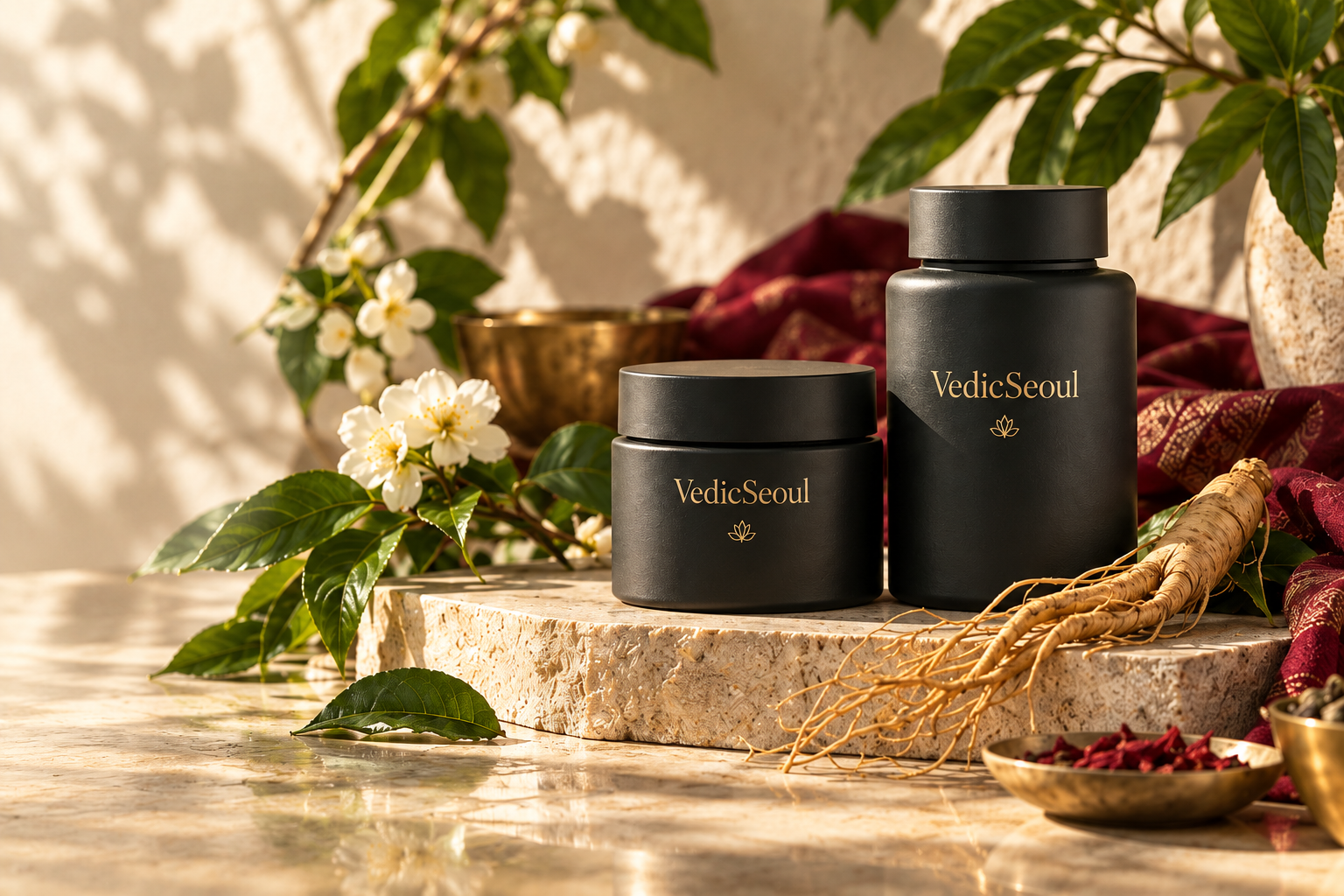 Charcoal VedicSeoul packaging with gold lettering, botanicals and ginseng on warm stone alongside burgundy fabric.